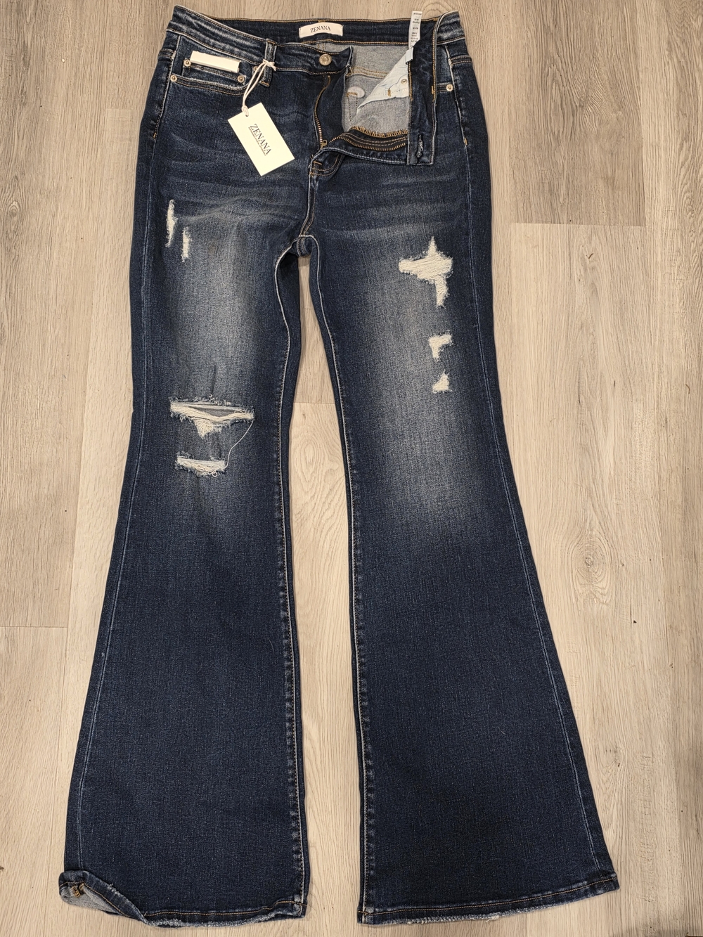 Zenana Dark Blue Distressed Flare Jeans - Picture 1 of 2